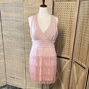 Boston Proper Blush Pink Fringe V‑Neck Mini Dress